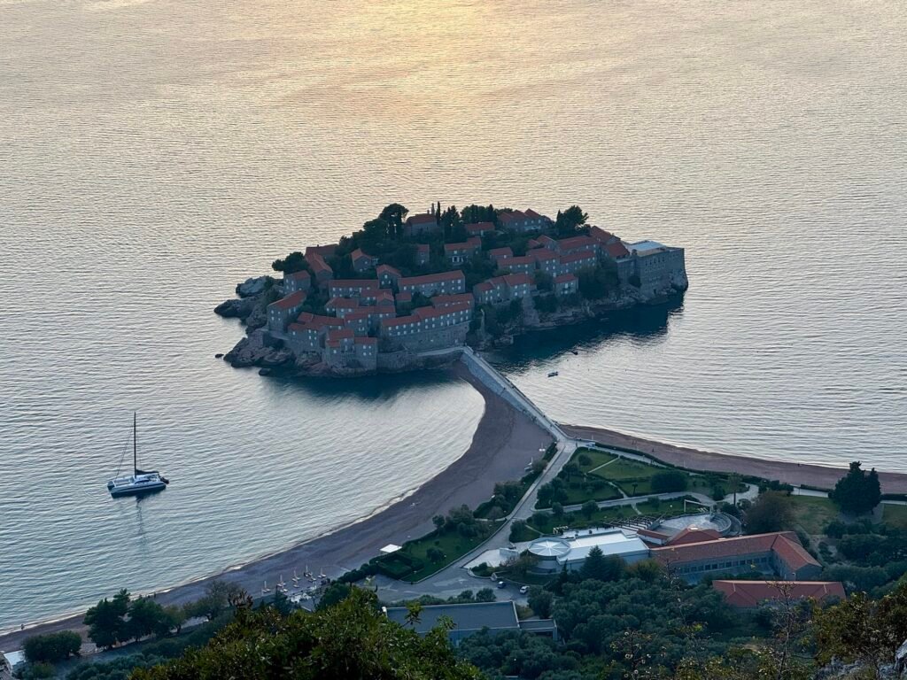 Bird’s-Eye View of Sveti Stefan from the Mountain Overlook