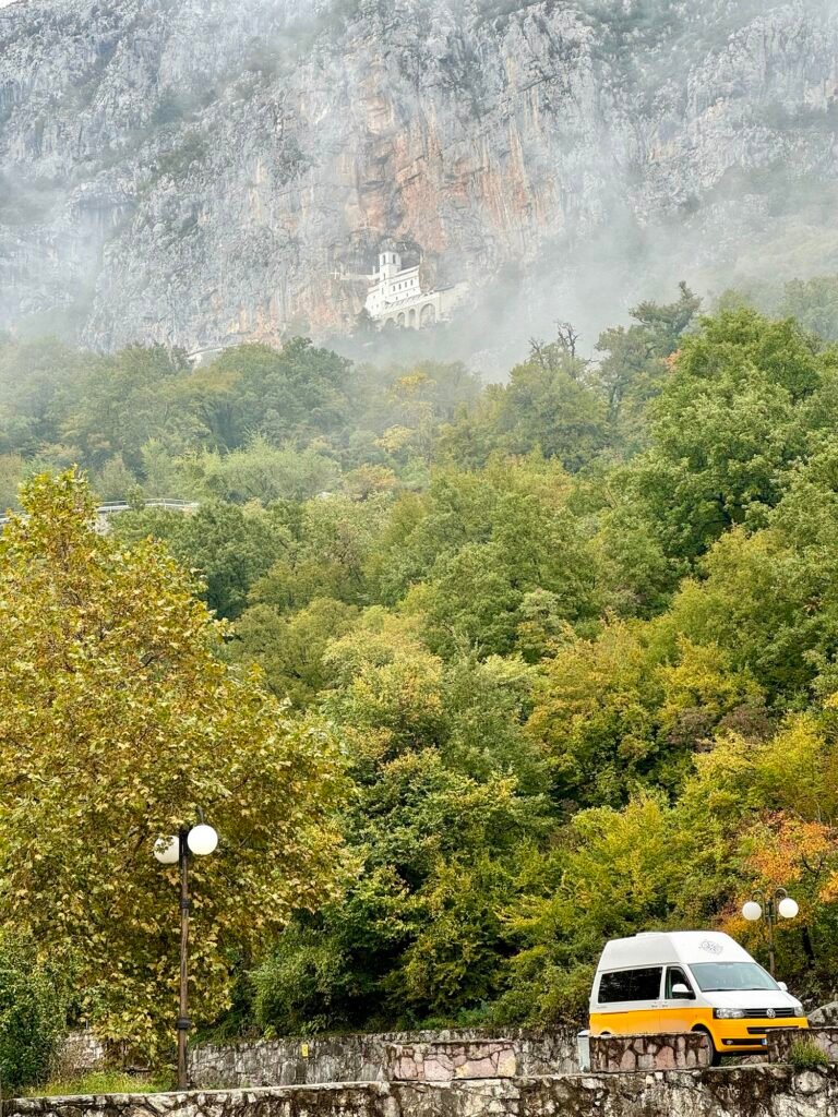 Ostrog Monastery Seen from the Winding Roads Below